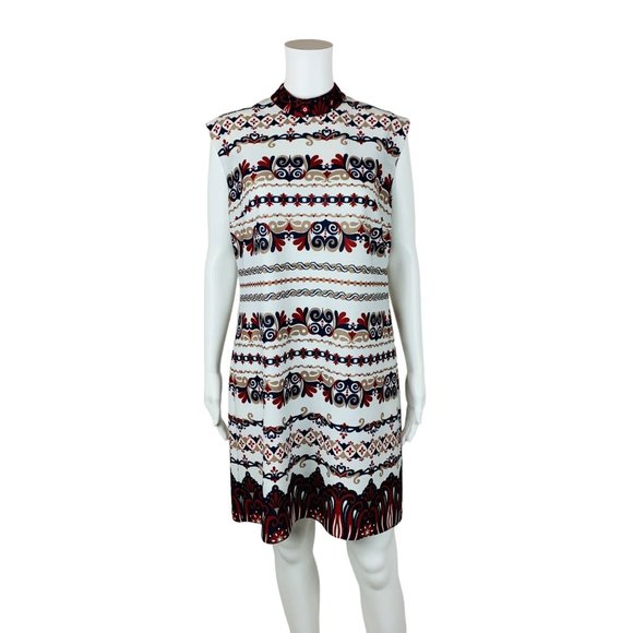 Vintage 1960s Striped Filigree Dress Maroon Navy Shift | B 41" - Picture 2 of 10